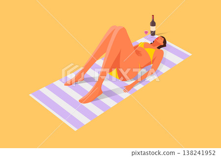 Woman Sunbathing on Beach Towels, Summer Vacation and Leisure Concept, Flat Vector Illustration of Friends Relaxing with Wine and Book, Tropical Holiday Lifestyle Woman Sunbathing on Beach Towels, Summer Vacation and Leisure Concept, Flat Vector Illustration of Friends Relaxing with Wine and Book, Tropical Holiday Lifestyle 138241952