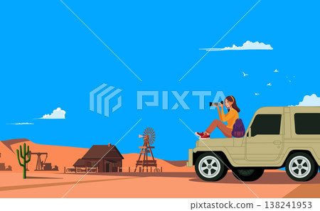 Beautiful female photographer sitting suv and taking photos. Vector illustration of western house and oil rigs. Beautiful female photographer sitting suv and taking photos. Vector illustration of western house and oil rigs. 138241953