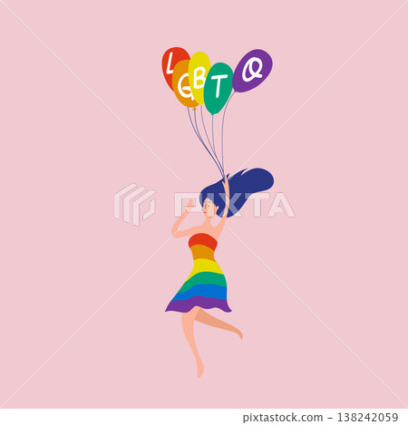 Happy Woman in Rainbow Dress Floating with LGBTQ Lettering Balloons Over Pink Background, Conceptual Flat Vector Illustration of Freedom and Pride with Girl Holding Rainbow Balloons 138242059