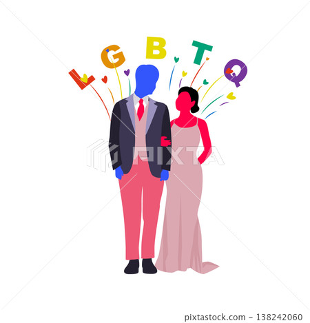 Formal LGBTQ Couple in Suits and Gown with Colorful Rainbow Hearts and Lettering Illustration 138242060
