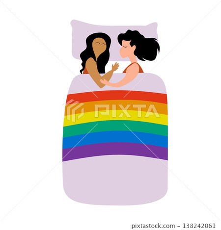 Same-Sex Female Couple Sleeping Peacefully in Bed Under Rainbow Pride Blanket 138242061