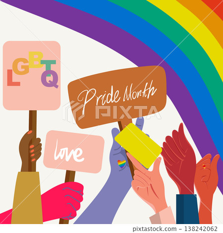 Diverse Hands Holding Pride Month and LGBTQ Signs Under Rainbow Illustration	 138242062