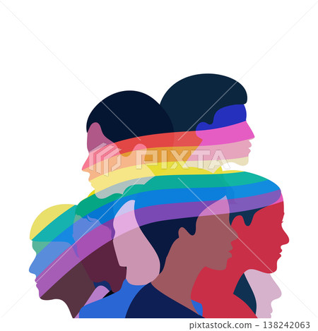 Multiethnic People Silhouettes with Rainbow Pride Stripes Overlapping Concept Illustration	 138242063