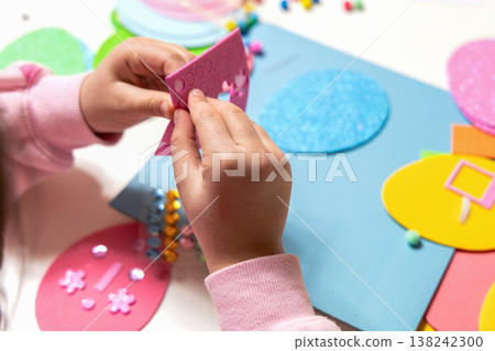 Flat lay of easter craft supplies for kids sensory play and education Flat lay of easter craft supplies for kids sensory play and education 138242300