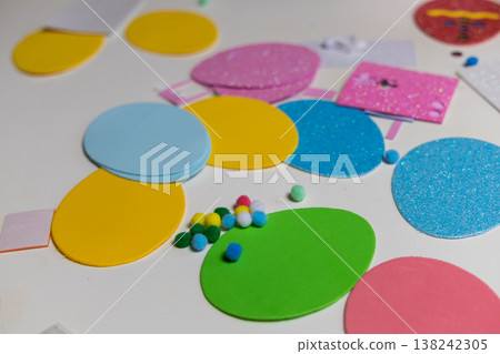 Flat lay of easter craft supplies for kids sensory play and education Flat lay of easter craft supplies for kids sensory play and education 138242305