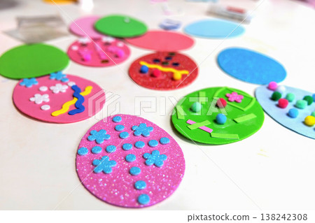 Flat lay of easter craft supplies for kids sensory play and education 138242308