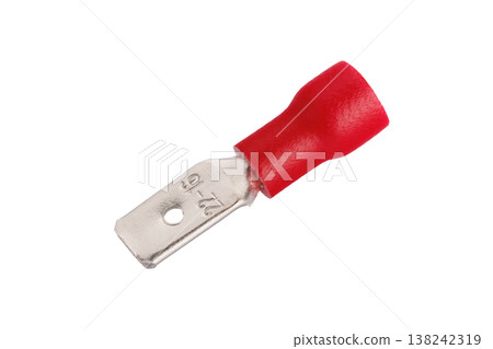 Red insulated metal spade terminal connector on white background Red insulated metal spade terminal connector on white background 138242319