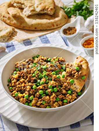 keema matar with minced meat, peas and naan keema matar with minced meat, peas and naan 138242401