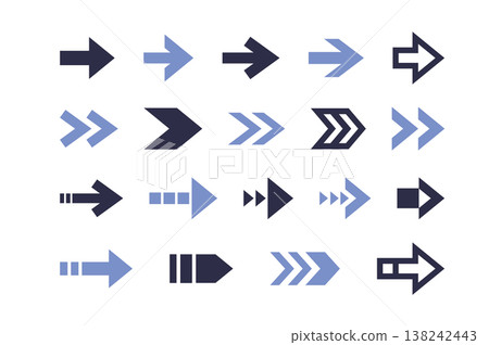 Simple arrow illustrations in various shapes - decorative set for movement and direction. Simple arrow illustrations in various shapes - decorative set for movement and direction. 138242443