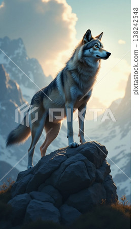 This photo shows a majestic gray wolf standing on a rocky mountain top at sunset This photo shows a majestic gray wolf standing on a rocky mountain top at sunset 138242548
