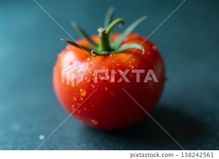 The image shows a fresh red tomato covered in water droplets against a dark background, a common motif in food photograph 138242561