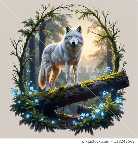 The image shows a majestic white wolf standing on a mossy log in an enchanted forest The image shows a majestic white wolf standing on a mossy log in an enchanted forest 138242562