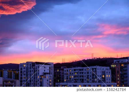 Dramatic vibrant sunset over apartment buildings in Saburtalo district in Tbilisi, Georgia Dramatic vibrant sunset over apartment buildings in Saburtalo district in Tbilisi, Georgia 138242784