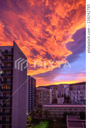Dramatic vibrant sunset over apartment buildings in Saburtalo district in Tbilisi, Georgia Dramatic vibrant sunset over apartment buildings in Saburtalo district in Tbilisi, Georgia 138242785