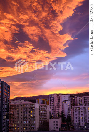 Dramatic vibrant sunset over apartment buildings in Saburtalo district in Tbilisi, Georgia Dramatic vibrant sunset over apartment buildings in Saburtalo district in Tbilisi, Georgia 138242786