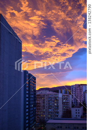 Dramatic vibrant sunset over apartment buildings in Saburtalo district in Tbilisi, Georgia Dramatic vibrant sunset over apartment buildings in Saburtalo district in Tbilisi, Georgia 138242790