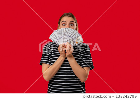 Rich Blonde Woman With Usd Cash Money Dollars Banknotes On Red, Income Payment Rich Blonde Woman With Usd Cash Money Dollars Banknotes On Red, Income Payment 138242799