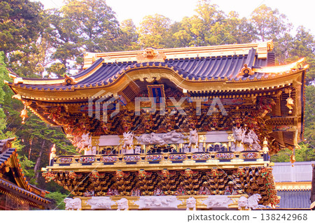 Nikko City, Nikko Toshogu Shrine, Yomeimon Gate shining in the setting sun Nikko City, Nikko Toshogu Shrine, Yomeimon Gate shining in the setting sun 138242968
