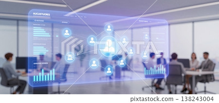 Digital HR Management Visualization Interface on Smart Table with Corporate Team Collaborating in Modern Office Environment 138243004