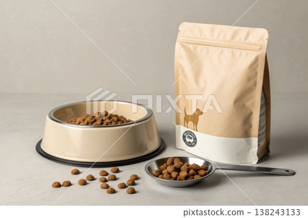 Dog food in bowl with dry kibble and packaging on neutral background Dog food in bowl with dry kibble and packaging on neutral background 138243133