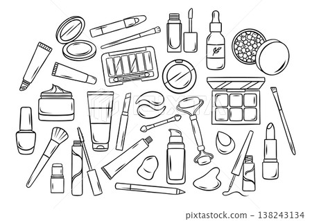 Big vector set of cosmetics, skin care, face care and makeup. Black and white icons in doodle and sketch style for beauty branding or packaging 138243134