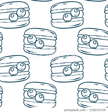 Mediterranean blue doodle pattern featuring macarons topped with blueberries and glossy icing. Minimalist berry pastry repeat for patisserie branding or cafe wallpaper Mediterranean blue doodle pattern featuring macarons topped with blueberries and glossy icing. Minimalist berry pastry repeat for patisserie branding or cafe wallpaper 138243139