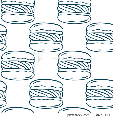 Blue sketch pattern of classic macarons with ruffled edges. Simple repeating vector for dessert packaging, stationery or gift wrapping Blue sketch pattern of classic macarons with ruffled edges. Simple repeating vector for dessert packaging, stationery or gift wrapping 138243141