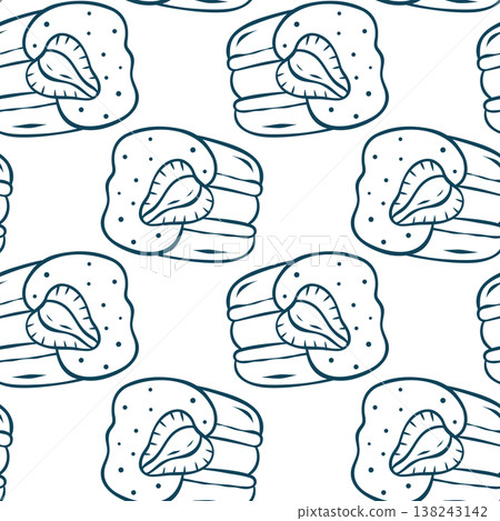 Blue sketch pattern of French macarons with strawberry garnish and icing details. Simple repeating vector for dessert packaging, stationery or gift wrapping paper Blue sketch pattern of French macarons with strawberry garnish and icing details. Simple repeating vector for dessert packaging, stationery or gift wrapping paper 138243142