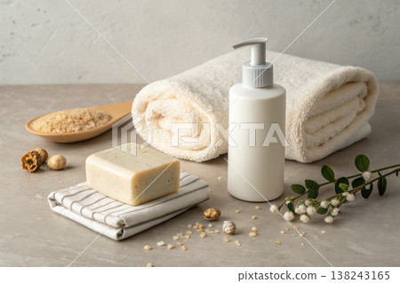 Natural bath set with soap towel and bottle on minimal background 138243165