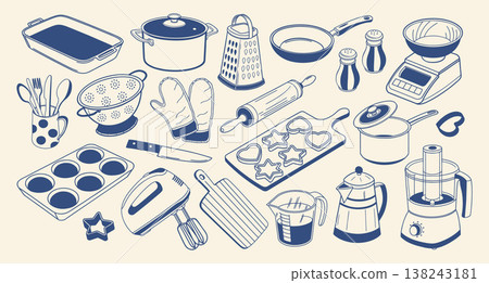 Set of hand drawn kitchen utensils and cooking tools. Home cooking set with pots, pans and accessories. Blue outline illustration. Set of hand drawn kitchen utensils and cooking tools. Home cooking set with pots, pans and accessories. Blue outline illustration. 138243181