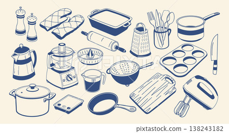 Set of hand drawn kitchen utensils and cooking tools. Home cooking set with pots, pans and accessories. Blue outline illustration. Set of hand drawn kitchen utensils and cooking tools. Home cooking set with pots, pans and accessories. Blue outline illustration. 138243182