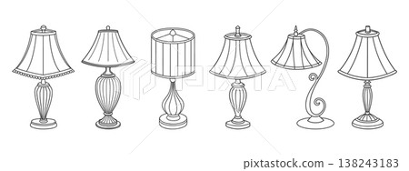 Collection of hand drawn table lamps. Set of different decorative lamps. Line Art Illustration. 138243183