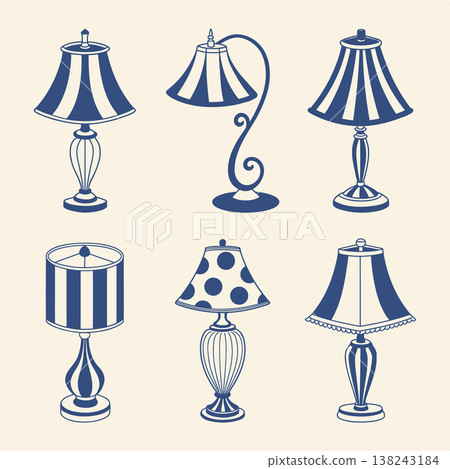 Set of different decorative blue lamps. Collection of hand drawn table lamps with lampshades. Set of different decorative blue lamps. Collection of hand drawn table lamps with lampshades. 138243184
