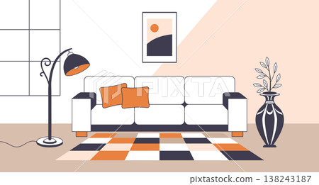 Living room interior with sofa, lamp, picture and potted plants. Modern minimalist interior illustration.  138243187