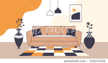 Living room interior with sofa, lamps and potted plants. Modern minimalist interior illustration.  138243188