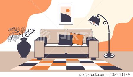 Living room interior with sofa, floor lamp and potted plant. Modern minimalist interior illustration.  138243189