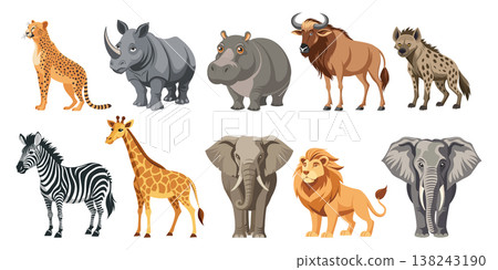 Set of african animals. Wildlife animals set. Giraffe rhinoceros elephant hippopotamus zebra lion hyena 138243190