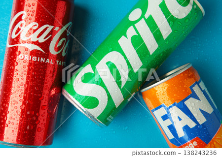 Mykolaiv, Ukraine - March 25, 2026 - Can of Coca-cola , Fanta and Sprite carbonated soft drink logo close-up 138243236