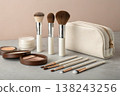 Minimal makeup brush set with cosmetic products on neutral background 138243256