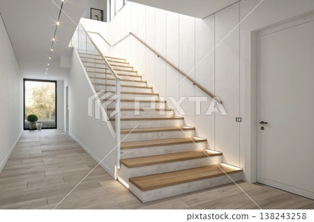 Modern minimal staircase interior with natural light and clean design 138243258