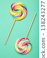 Colorful lollipops on mint background. Vertical photo 138243277