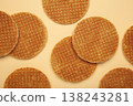Dutch stroopwafel cookies or caramel waffles on beige background. 138243281