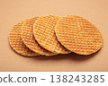 Dutch stroopwafel cookies or caramel waffles on brown background. 138243285