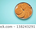 Dutch waffles stroopwafel syrup waffle caramel waffle on plate on blue background. Space for text 138243291
