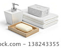 Minimal bathroom set with soap dispenser towels and bar soap on white background 138243355