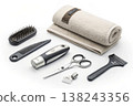 Pet grooming tools set with scissors comb and electric trimmer on white background 138243356
