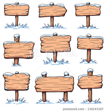 Set of nine wooden sign posts covered with snow pointing in different directions 138243387