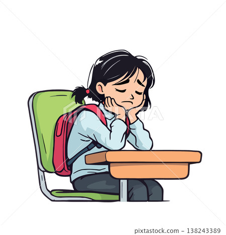 Bored elementary school student resting head on hands at desk Bored elementary school student resting head on hands at desk 138243389