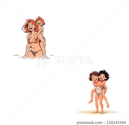 Happy mothers and daughters piggybacking at the beach and in the sea 138243394