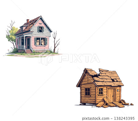 Abandoned houses showing decaying wood and broken windows Abandoned houses showing decaying wood and broken windows 138243395